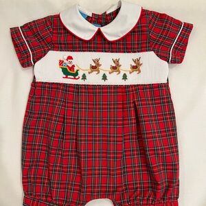 Anavini Red Plaid Baby Romper with smocked Santa and reindeer